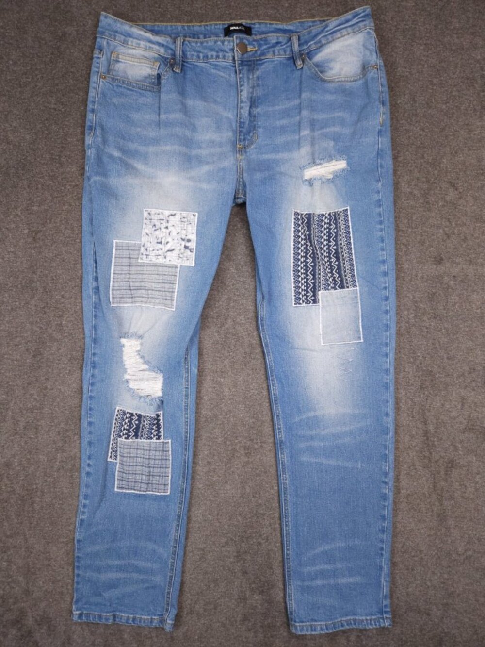 Fashion Nova Men's Medium Wash Distressed Patchwork Denim Jeans Size 38x32